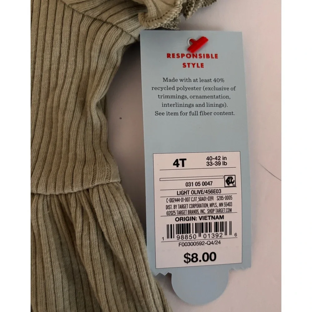 Cat & Jack Girls Light Olive Ribbed Short Sleeve Dress 4T NWT‎